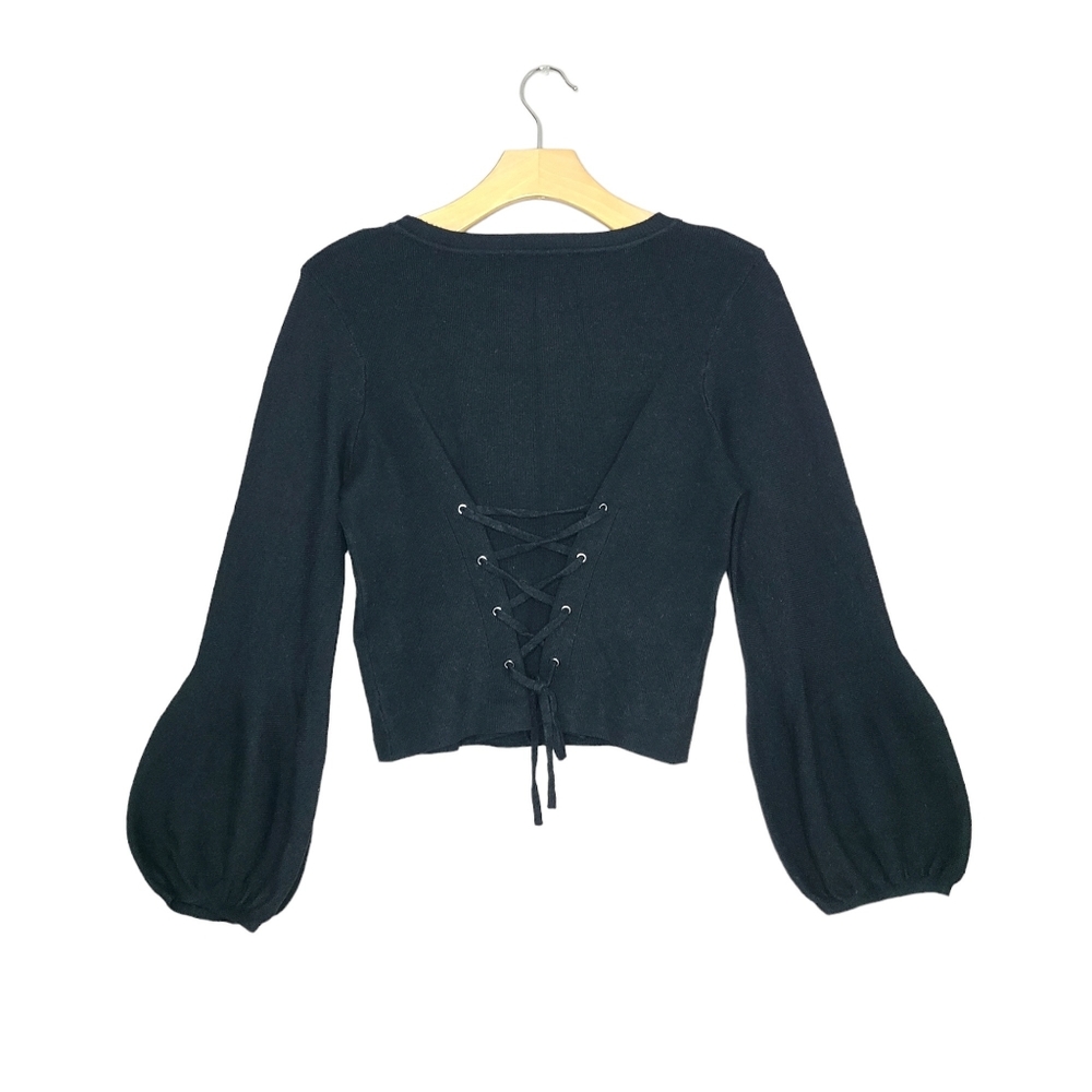 EXQUISS'S Paris Black Criss Cross Bow Balloon Long Sleeve Knit Crop Top Sweater